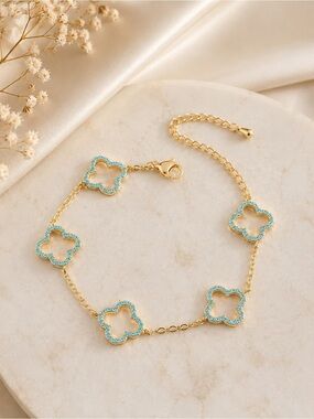 Blue Clover Charm Bracelet Gold Tone Zircon Floral Link Bracelet